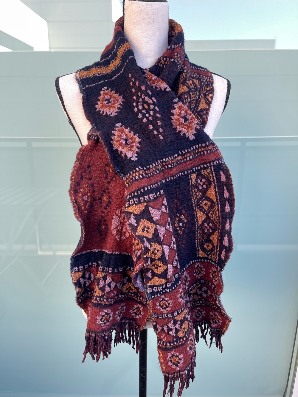 Baluchi Tribal Boho Geometric Wool Scarf in Navy, Rust Red, and Yellow